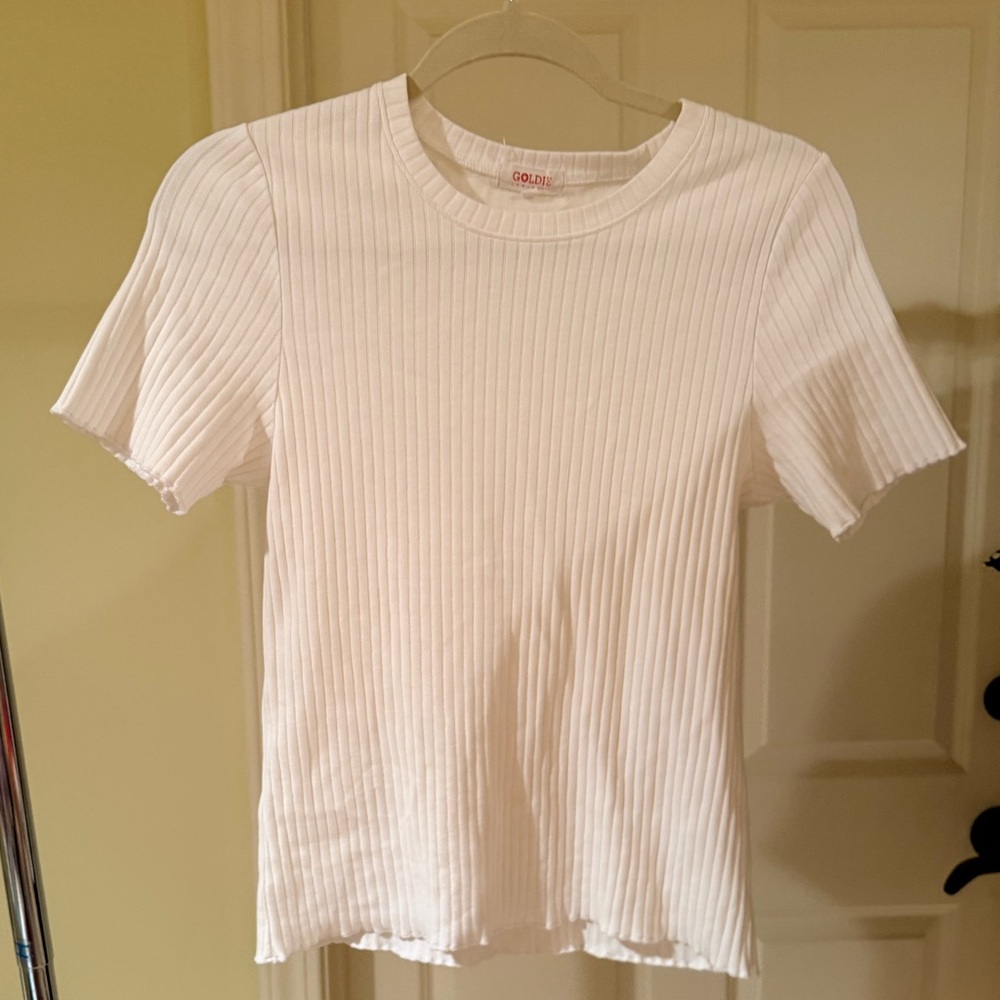 Goldie White Ribbed Short Sleeve Top